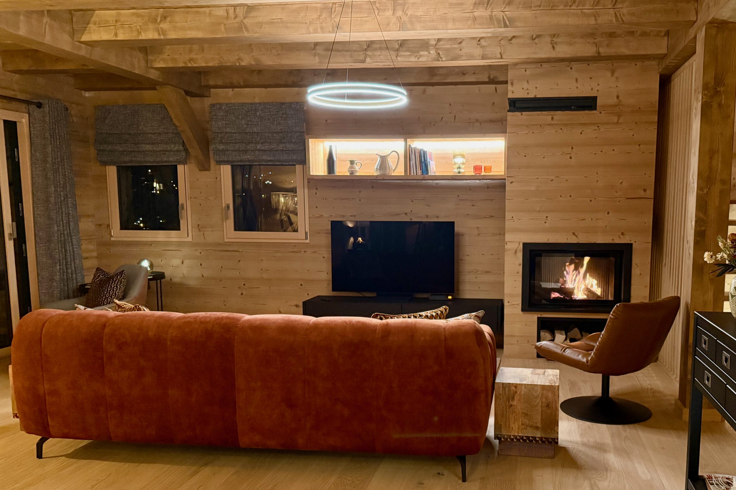 A log fire burning in a chalet